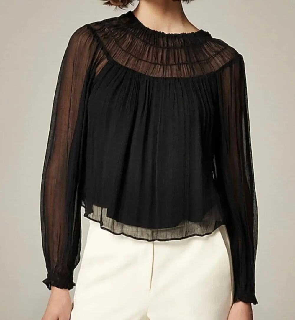 NWT J. Crew Women Black Drapey Shirred Top Crinkle Cupro Sz MEDIUM Sheer Sleeve